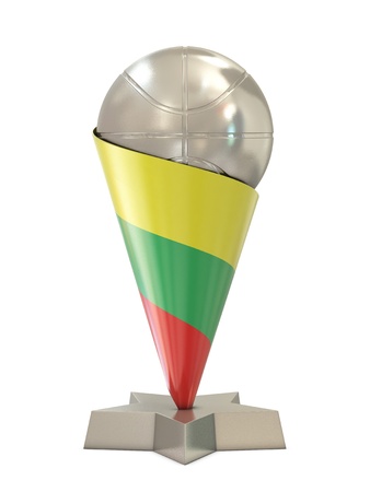 Silver trophy with basket ball, star and Lithuania flag isolated on white backgroundの写真素材