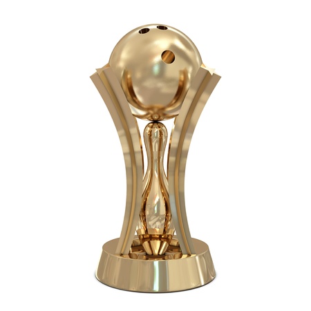 Golden bowling trophy with pin and ball isolated on white backgroundの写真素材