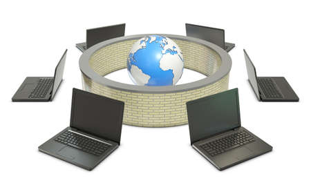 Earth and laptops with abstract firewall isolated on white backgroundの写真素材