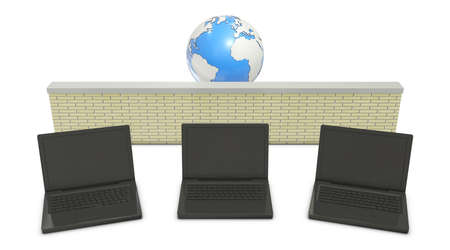 Earth and laptops with abstract firewall in the middle isolated on white backgroundの写真素材