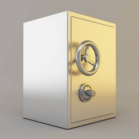 Silver safe with lock on gray backgroundの写真素材