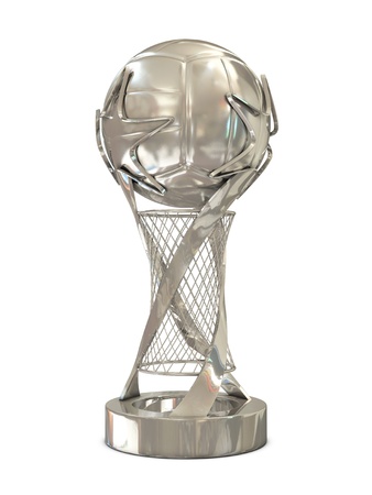 Silver volleyball trophy with ball and stars isolated on white backgroundの写真素材