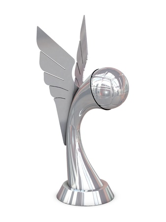 Silver award trophy with wings and volley ball isolated on white backgroundの写真素材