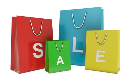 Colorful shopping bags and SALE text isolated on white backgroundの写真素材