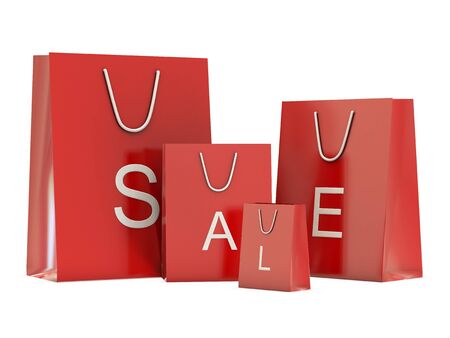 Red shoping bags and SALE text isolated on white backgroundの写真素材