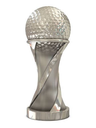 Silver trophy with golf ball isolated on white backgroundの写真素材