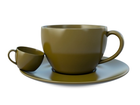 Brown big and small coffee cups on white background  の写真素材