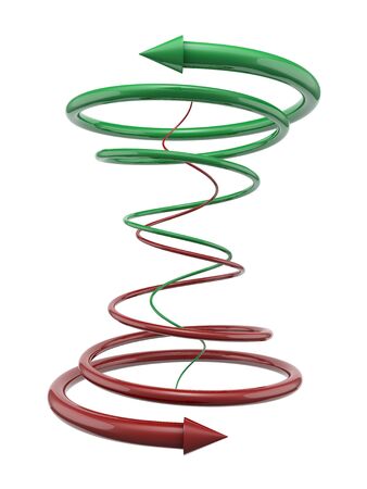 Green and red spiral lines with arrows on white backgroundの写真素材