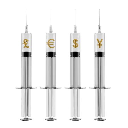Group of syringes and currency symbols on white backgroundの写真素材