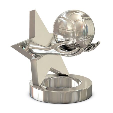 Silver trophy with star, hands and volley ball on white backgroundの写真素材