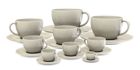 Big ans small cofee cups in group on white backgroundの写真素材
