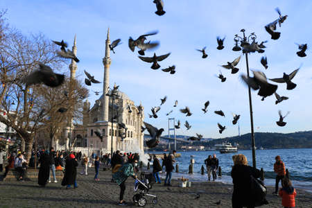 Tourists at Ortakoy Mosque and Grand Mecidiye Mosque in Istanbul Turkey.のeditorial素材