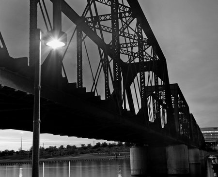 Railroad Trestle Bridge At Nightの写真素材