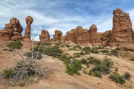 Beautiful Balanced rock, pinnacles, hoodoos and red rocks at Arches National Park near Moab Utah.の写真素材