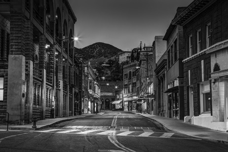 Bisbee, AZ - MAY 24, 2015: Downtown Historic Bisbee, Arizona - formerly a copper mining town - photographed at at night in black and white.のeditorial素材