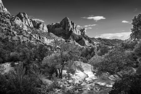 Zion Canyon and the Virgin River in Utah photographed in black and white.の写真素材