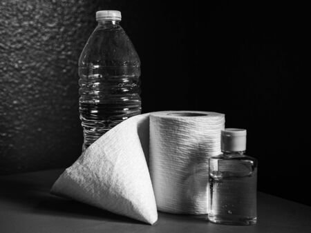 Black and White still life composition of supplies commonly used during COVID-19 virus isolation living.の写真素材