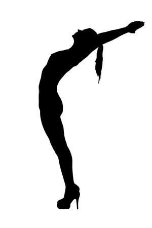 Female silhouette in a standing pose with back arched as if diving backwards isolated on white.の写真素材