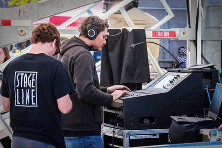 Scottsdale, Arizona, USA â€“ February 5, 2022: Sound technicians for the local rock band Rock...