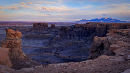 Sunset at the Moonscape Overlook near Factory Butte outside of Hanksville Utah.の写真素材
