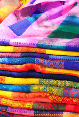 A stack of beautiful Mayan blankets for sale in Mexicoの写真素材