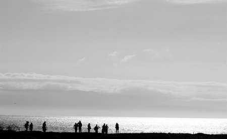 Silhouettes of photographers on the beach at sunsetの写真素材