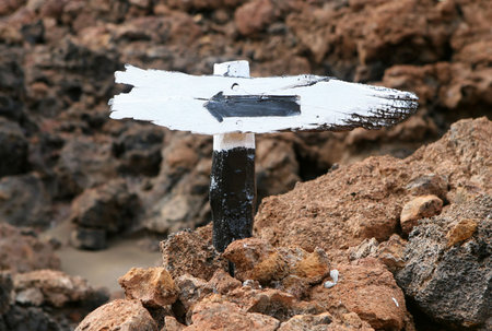 An area on an old wooden sign leads  alongの写真素材