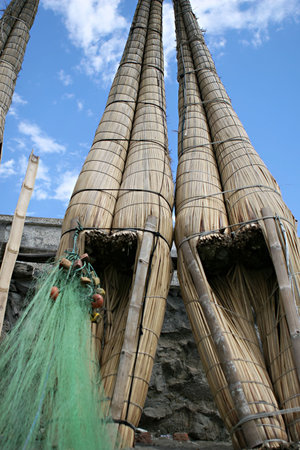 Traditional reed fishing boats on the coast of Peru
