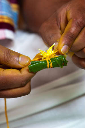 A Hindu priest prepares an areca nut wrapped in a betel leaf as part of a Bengali pre-wedding ceremonyの写真素材