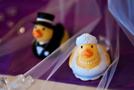 Rubber ducks depicting a bride and groomの写真素材