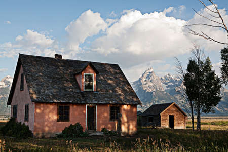 Mormon house below Grand Teton mountain rangeのeditorial素材