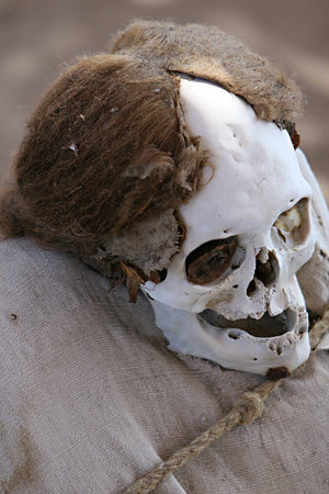 Skulls and bones in Chauchilla, an ancient cemetery in the desert of Nazca, Peru. The remains of manypeople, some still with long hair, can be seen.の写真素材