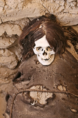 This pre-incan mummy is preserved by the dry desert air with hair intact. Skulls and bones in Chauchilla, an ancient cemetery in the desert of Nazca, Peru. The remains of many people, some still with long hair, can be seen.の写真素材
