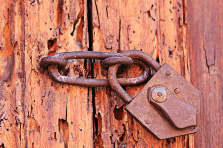 Old style padlock Inside the ancient Santa Catalina convent in Arequipa, Peruの写真素材