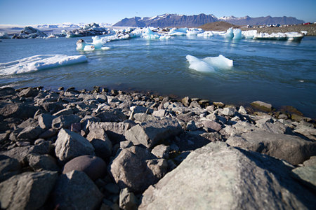 Melting glacier ice at Jokulsarlon lake caused by global warming