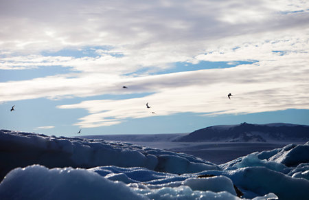 Melting glacier ice at Jokulsarlon lake caused by global warming
