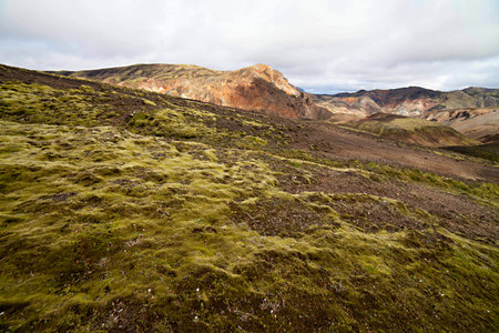 Volcanoes create a bizarre landscape of rhyolite rocks and green moss along the Landmannalaugar trekの写真素材