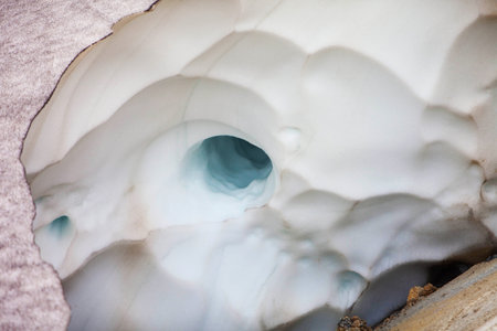 A snow ridge and glacier ice cave along the  Laugavegur Trek, Iceland