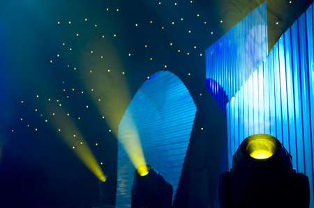 Stage blue and green lights - prepared for production and shooting - Light and smoke