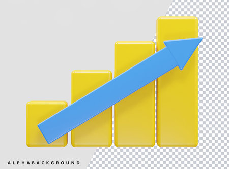 3d yellow bar graph with blue arrow on white background. Vector illustrationのイラスト素材