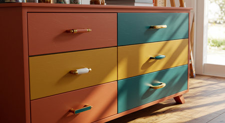 Colorful dresser with designer hardware. Close-up studio shot.の素材