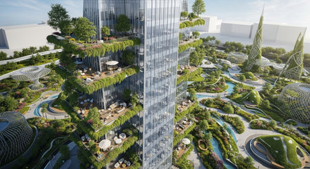 Innovative urban landscape design greenery building terraces view scenic.の素材