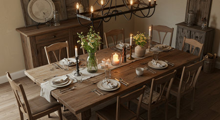 Rustic table dinnerware candle flowers home design indoor dining setting.の素材