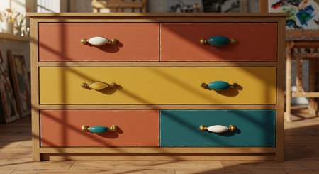 Multi colored dresser. Decorative drawer knobs studio shot.の素材