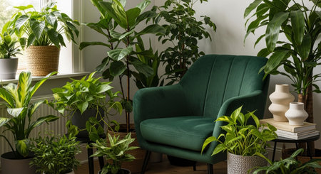 Indoor plants provide cozy green armchair background houseplants.の素材