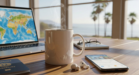Travel planning laptop coffee mug passport vacation destination.の素材