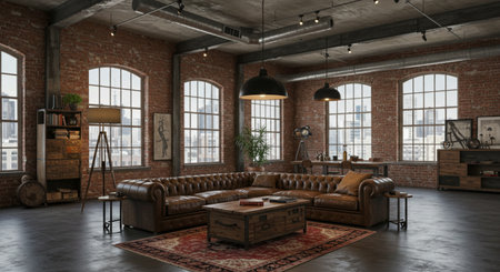 Cozy Living room Rustic interior Leather sofa Brick wall designの素材