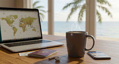 Laptop cup travel essentials passport desk workspace journey tourism.の素材