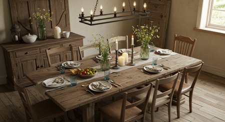Dining setting floral display candle light home indoor space decoration.の素材