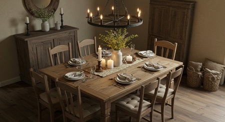 Dining table setting candle flower interior design furniture elegant.の素材
